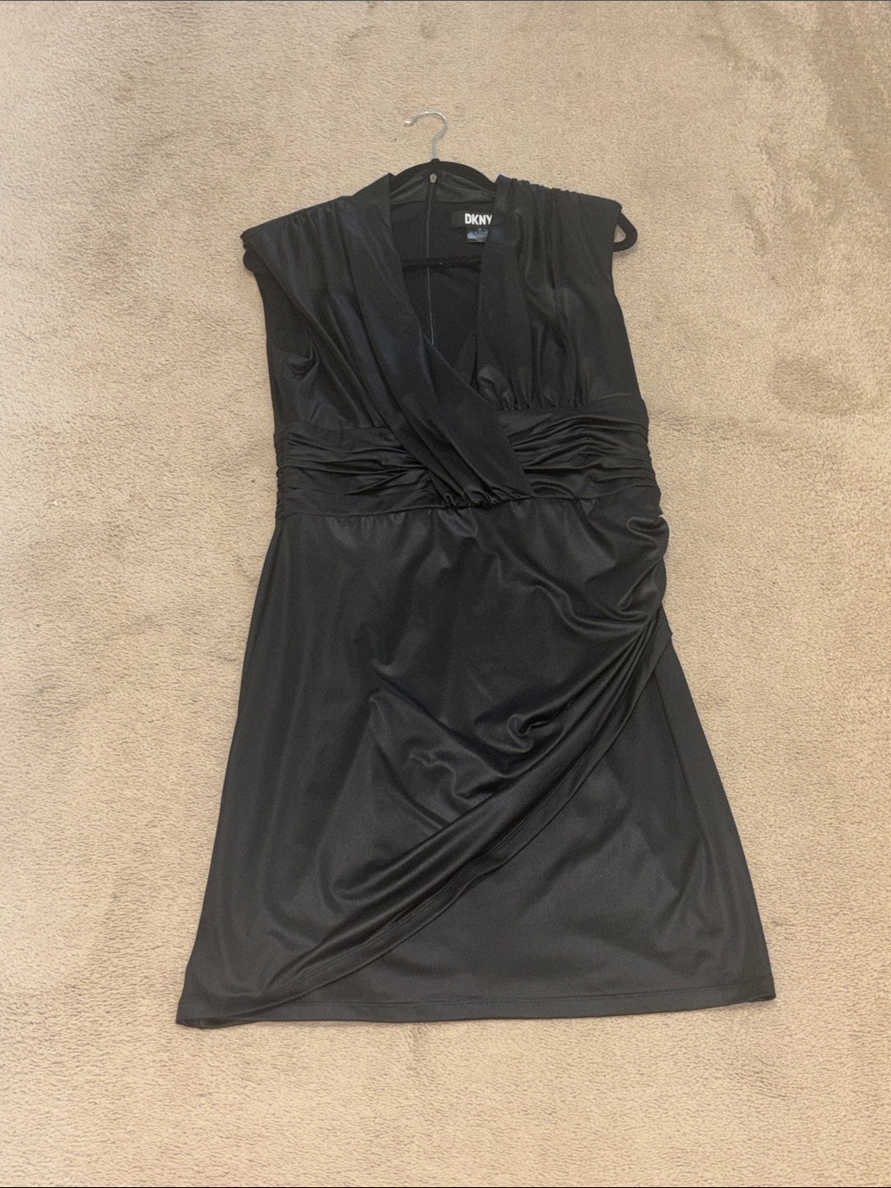 DKNY Black Sleeveless Draped V-Neck Midi Dress